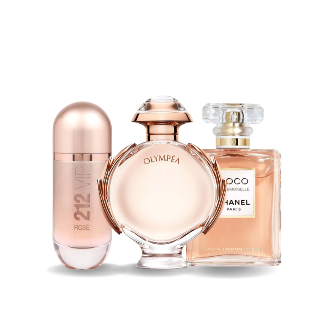 Combination of 3 fragrances - 212 VIP Rosé from Carolina Herrera, Olympéa from Paco Rabanne and Coco Mademoiselle from Chanel [100 ml each]